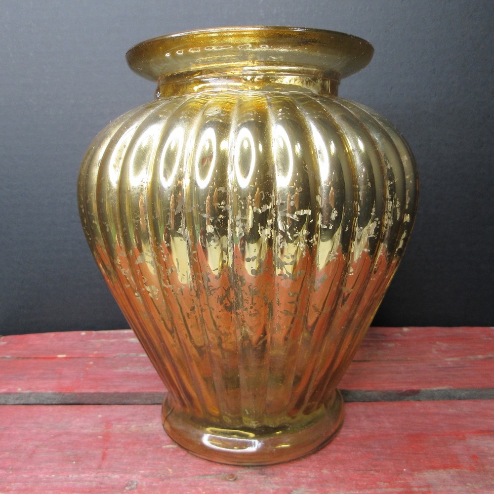Elegant Gold Mercury Glass Fluted Ribbed Vase Distressed Decor Holiday